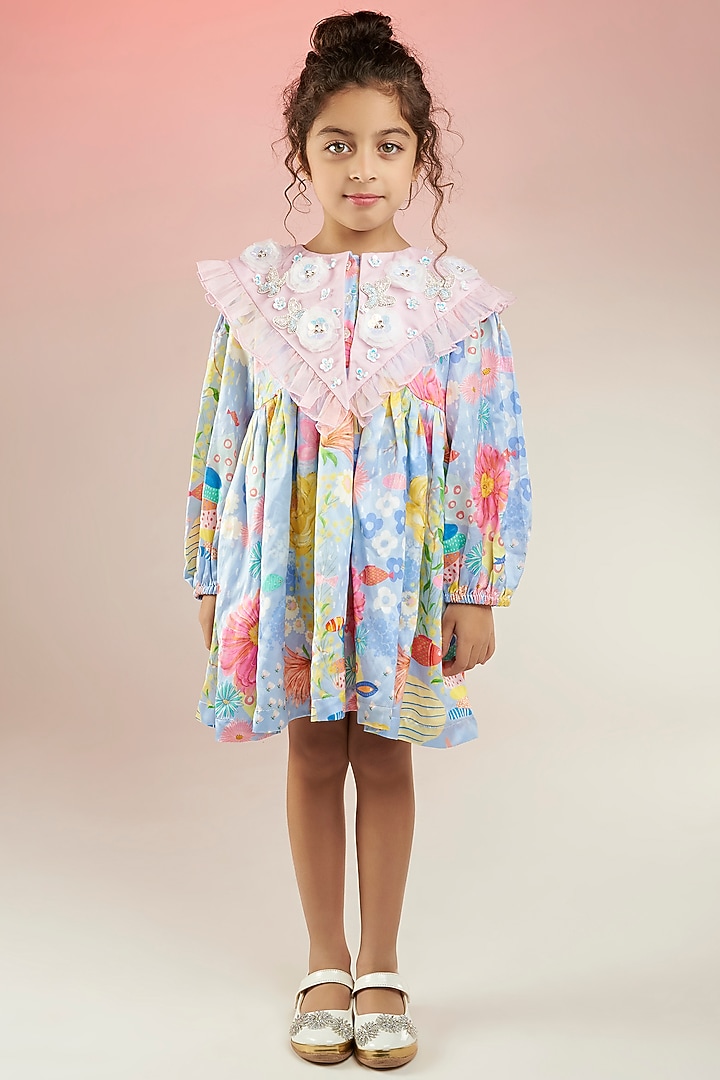 Blue Modal Satin & Organza Printed Knee-Length Dress For Girls by Joey and Pooh Kids at Pernia's Pop Up Shop