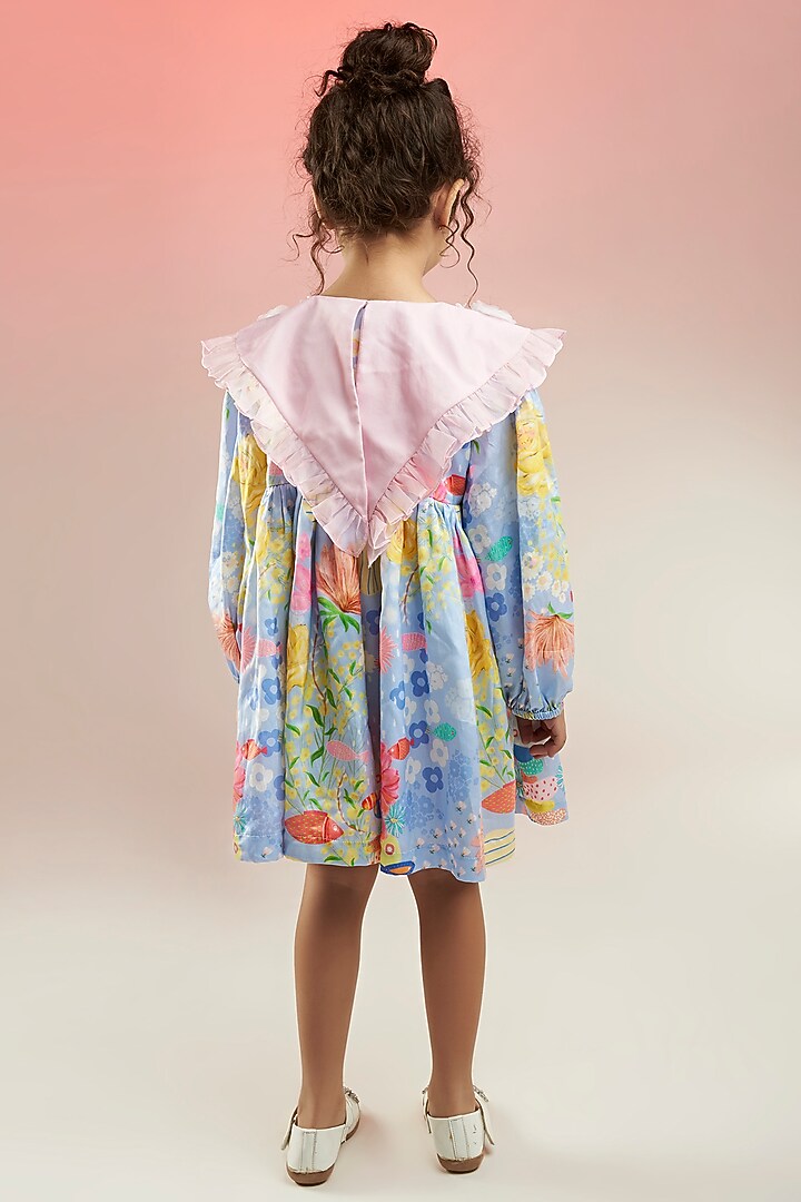 Blue Modal Satin & Organza Printed Knee-Length Dress For Girls by Joey and Pooh Kids at Pernia's Pop Up Shop