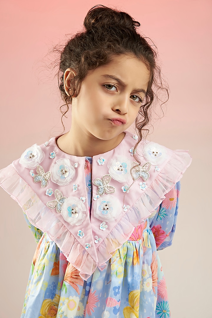 Blue Modal Satin & Organza Printed Knee-Length Dress For Girls by Joey and Pooh Kids at Pernia's Pop Up Shop
