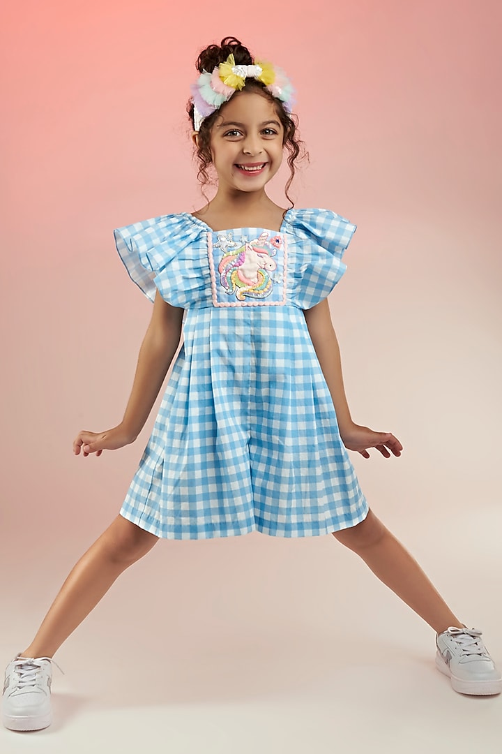 Blue Premium Cotton Cambric Gingham Printed Playsuit For Girls by Joey and Pooh Kids
