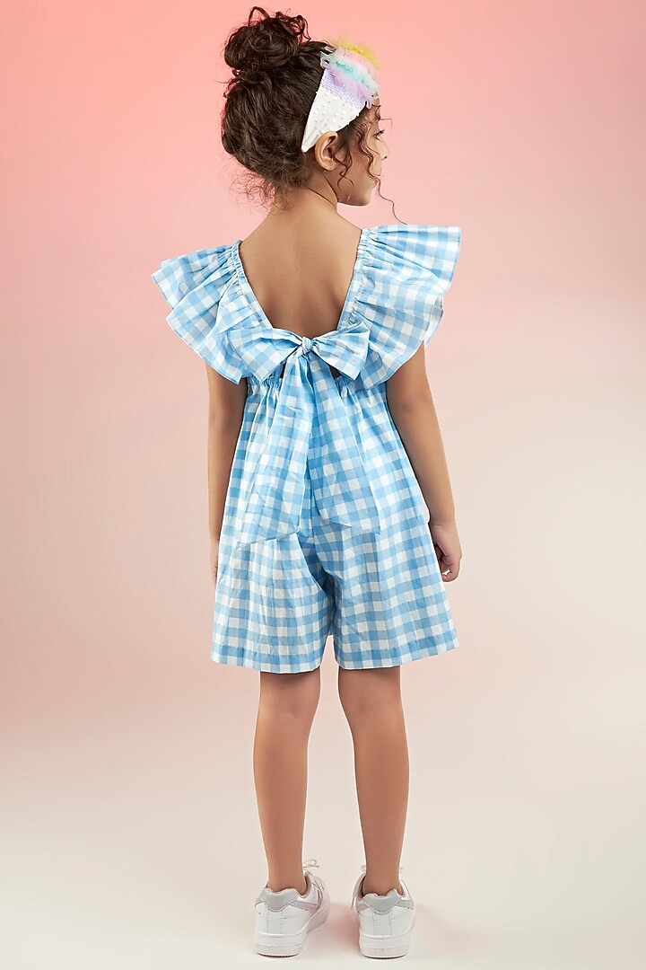 Blue Premium Cotton Cambric Gingham Printed Playsuit For Girls by Joey and Pooh Kids at Pernia's Pop Up Shop