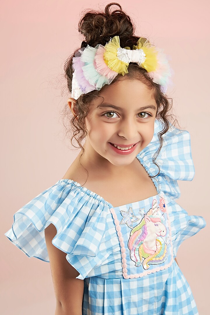 Blue Premium Cotton Cambric Gingham Printed Playsuit For Girls by Joey and Pooh Kids at Pernia's Pop Up Shop
