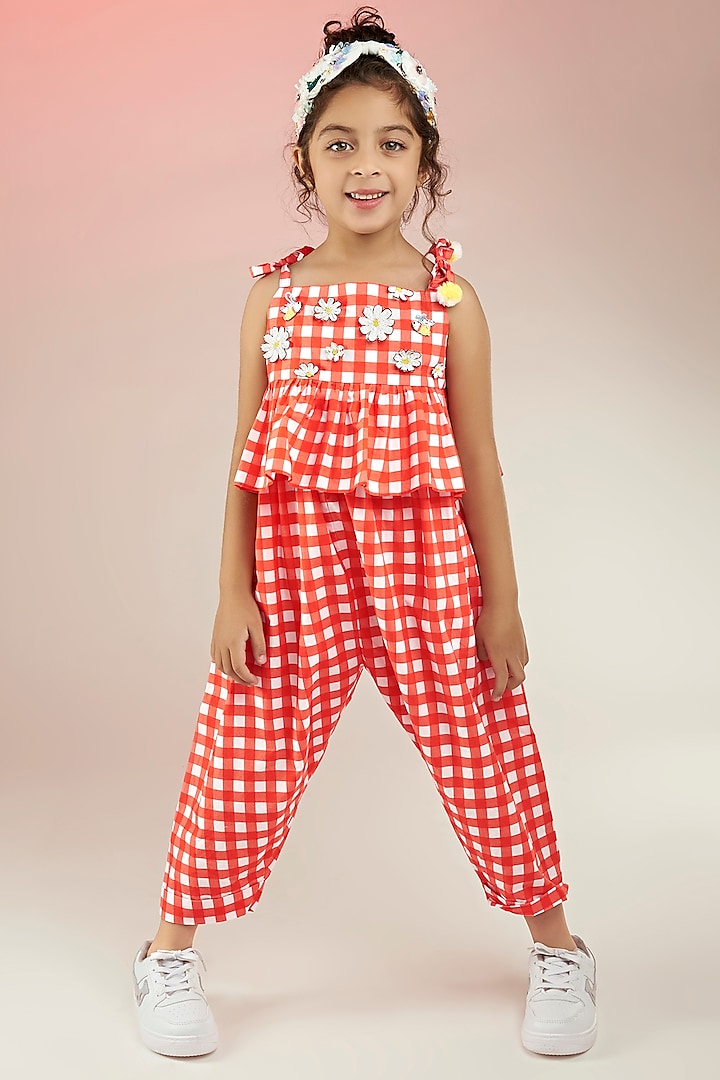Red Premium Cotton Cambric Printed Jumpsuit For Girls by Joey and Pooh Kids