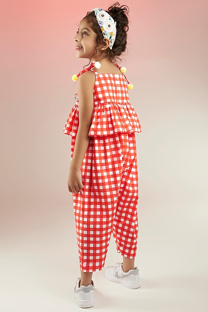 Red Premium Cotton Cambric Printed Jumpsuit For Girls by Joey and Pooh Kids at Pernia's Pop Up Shop