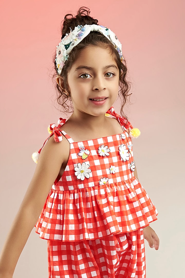 Red Premium Cotton Cambric Printed Jumpsuit For Girls by Joey and Pooh Kids at Pernia's Pop Up Shop