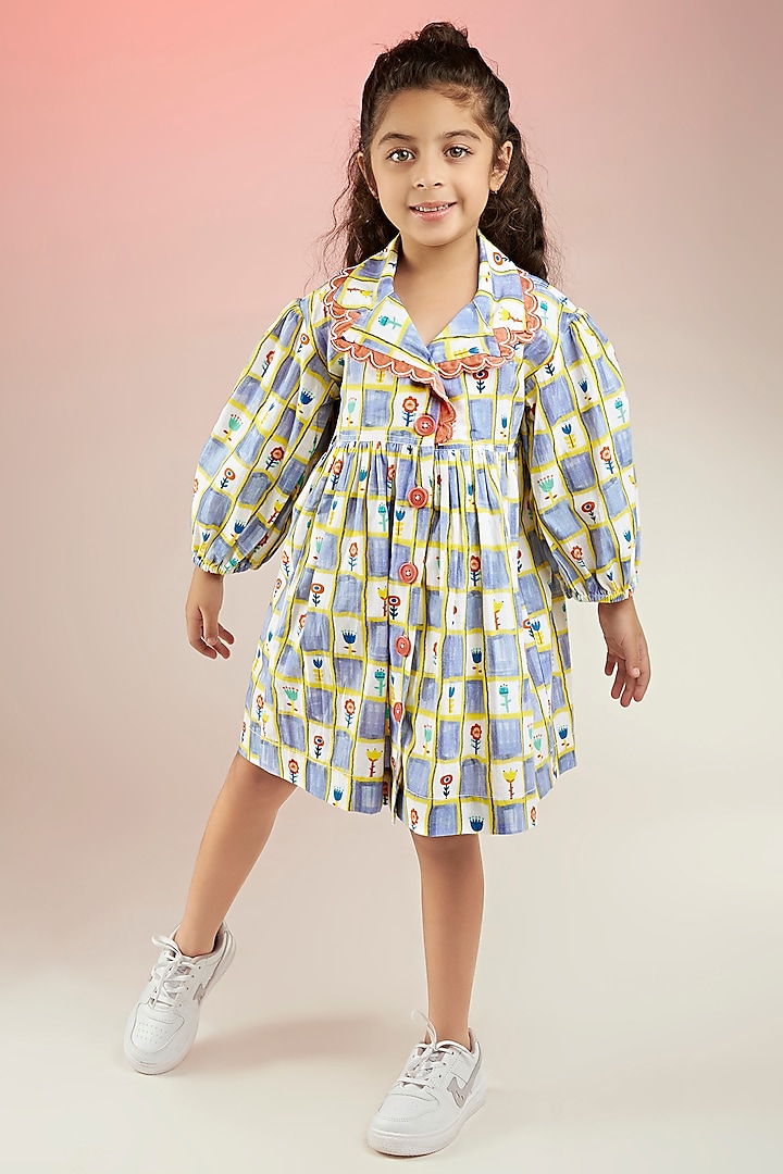 Yellow Premium Cotton Satin Printed Gathered Jacket Dress For Girls by Joey and Pooh Kids