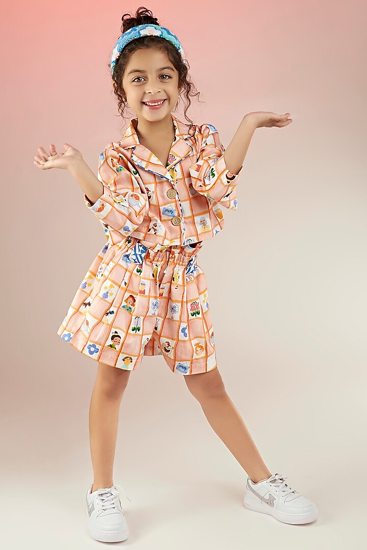 Orange Premium Cotton Twill Printed Co-Ord Set For Girls by Joey and Pooh Kids
