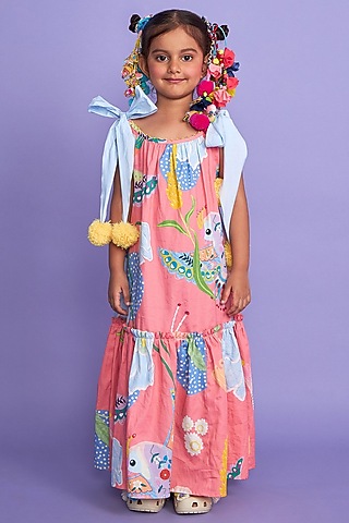 Pink Premium Cotton Satin Printed Maxi Tiered Dress For Girls by Joey and Pooh Kids