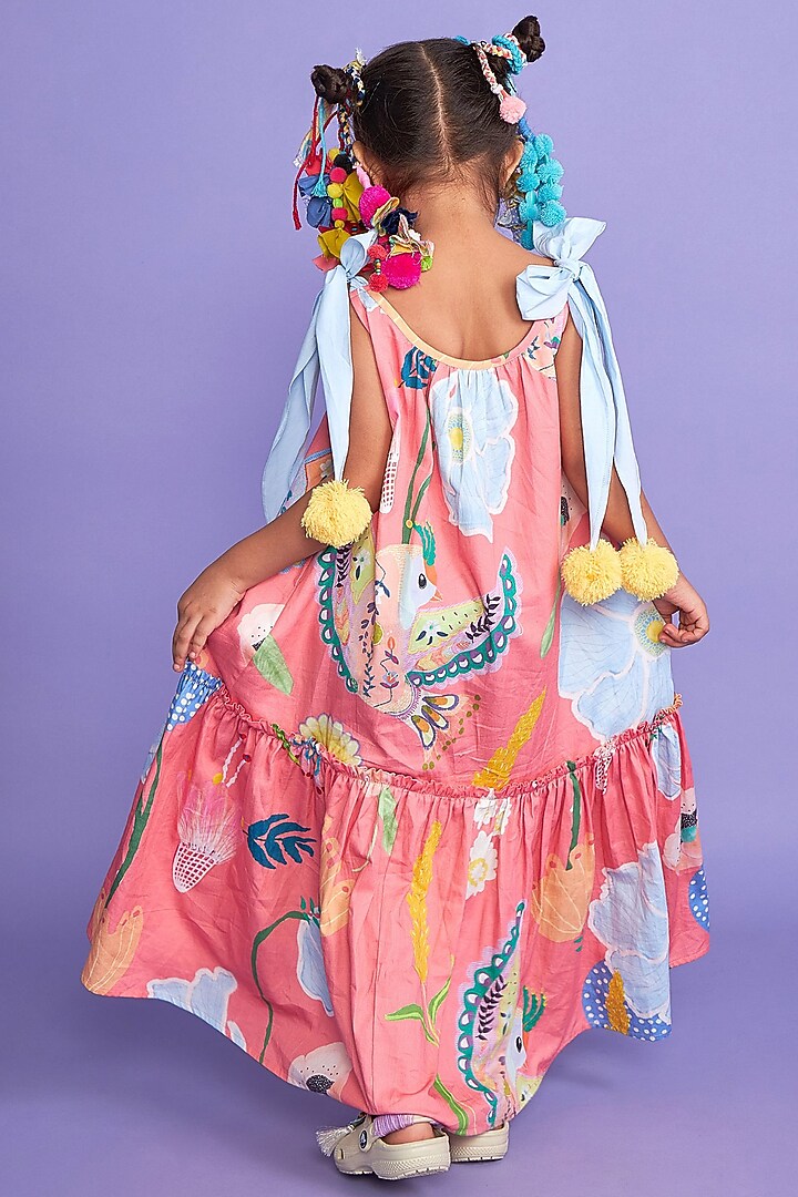 Pink Premium Cotton Satin Printed Maxi Tiered Dress For Girls by Joey and Pooh Kids at Pernia's Pop Up Shop