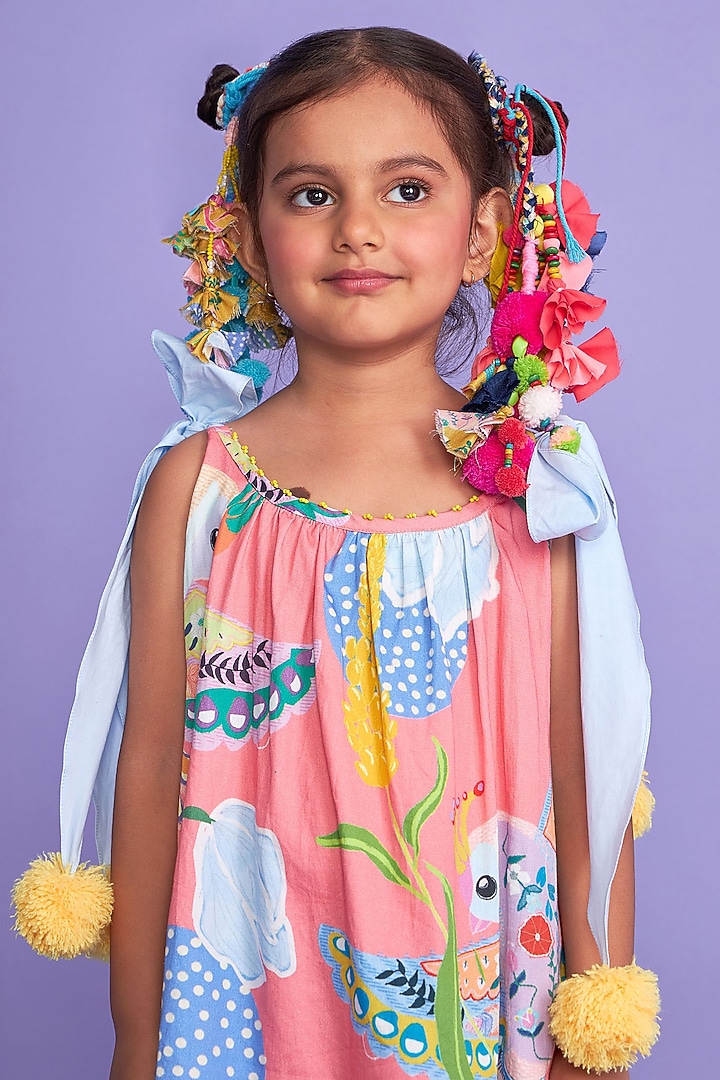 Pink Premium Cotton Satin Printed Maxi Tiered Dress For Girls by Joey and Pooh Kids at Pernia's Pop Up Shop