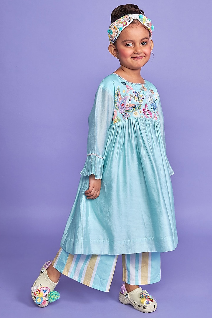 Mint Blue Cotton Chanderi & Tabby Silk Printed Tunic Set For Girls by Joey and Pooh Kids