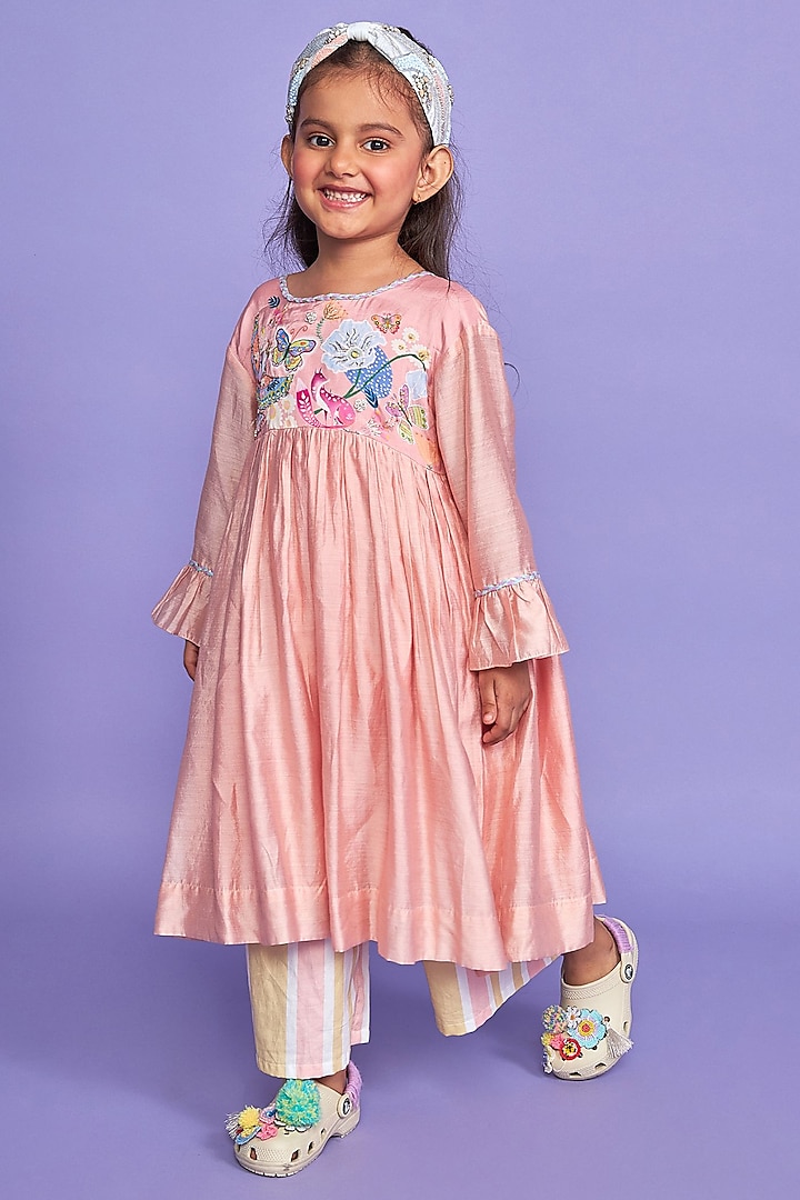 Pink Cotton Chanderi & Tabby Silk Printed & Hand Embroidered Tunic Set For Girls by Joey and Pooh Kids