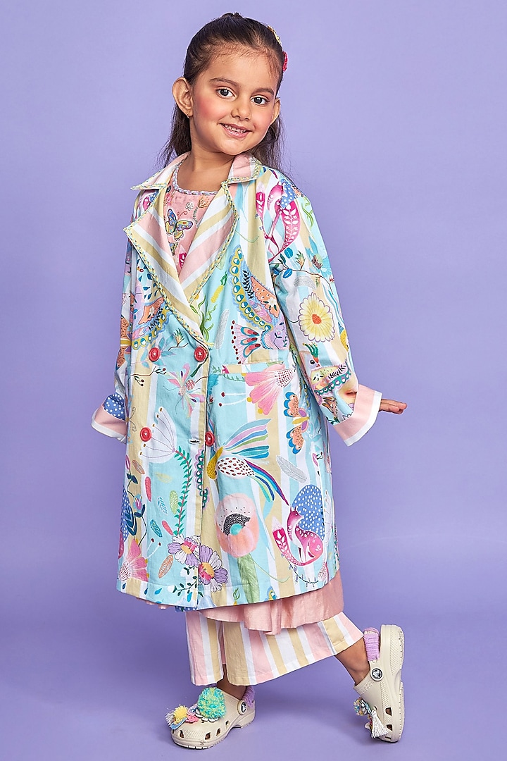 Multi-Colored Premium Cotton Satin Printed Double Breasted Jacket For Girls by Joey and Pooh Kids