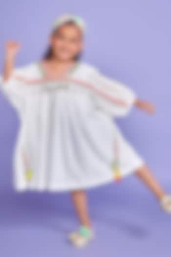 White Seersucker & Lurex Hand Embroidered Midi Dress For Girls by Joey and Pooh Kids
