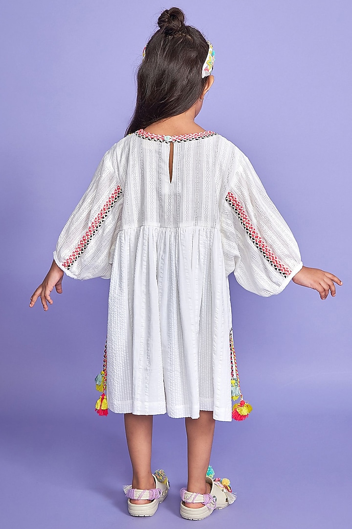 White Seersucker & Lurex Hand Embroidered Midi Dress For Girls by Joey and Pooh Kids at Pernia's Pop Up Shop