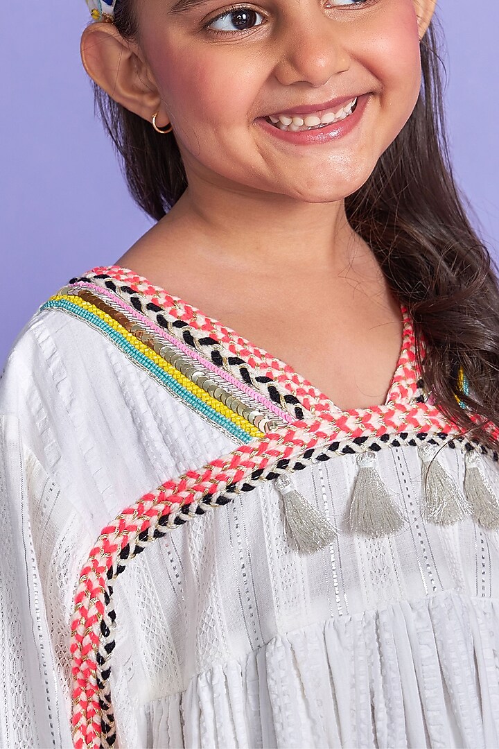 White Seersucker & Lurex Hand Embroidered Midi Dress For Girls by Joey and Pooh Kids at Pernia's Pop Up Shop