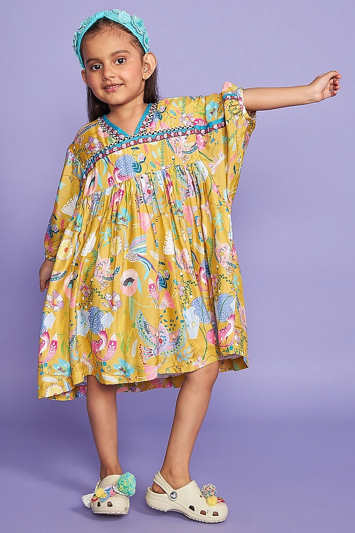 Mustard Silk Muslin Printed Midi Dress For Girls by Joey and Pooh Kids