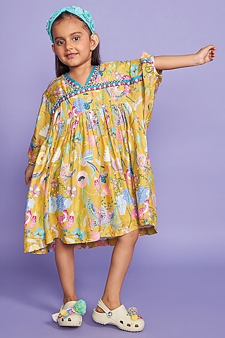 Mustard Silk Muslin Printed Midi Dress For Girls by Joey and Pooh Kids