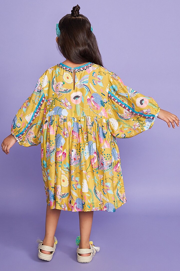 Mustard Silk Muslin Printed Midi Dress For Girls by Joey and Pooh Kids at Pernia's Pop Up Shop