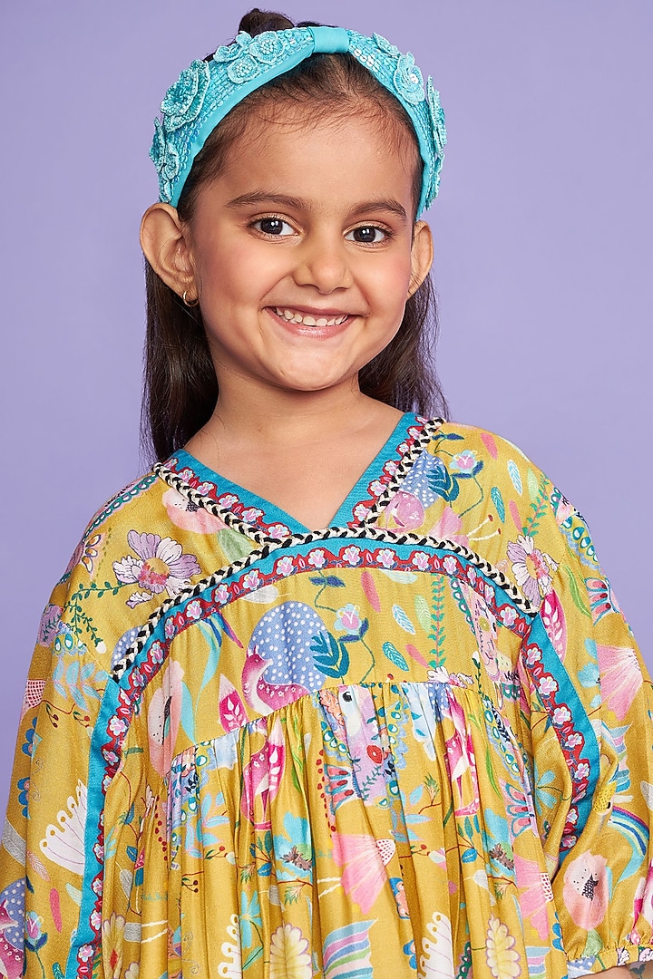 Mustard Silk Muslin Printed Midi Dress For Girls by Joey and Pooh Kids at Pernia's Pop Up Shop