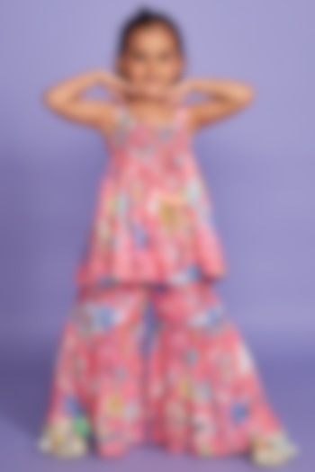 Pink Silk Muslin Floral Printed Co-Ord Set For Girls by Joey and Pooh Kids