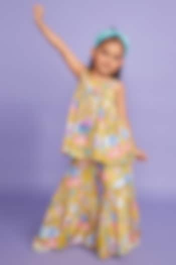 Mustard Silk Muslin Floral Printed Co-Ord Set For Girls by Joey and Pooh Kids