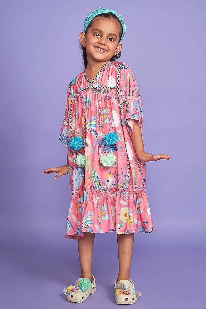 Pink Silk Muslin Printed Tiered Kaftan Dress For Girls by Joey and Pooh Kids