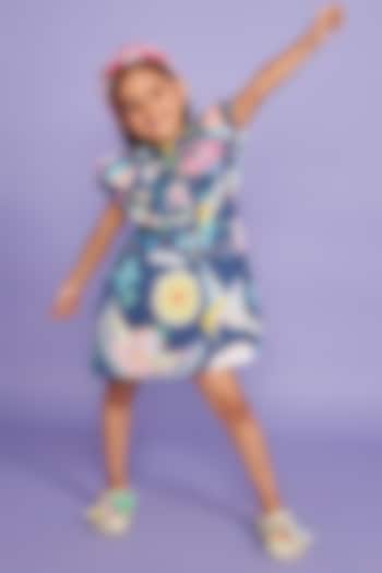 Blue Premium Cotton Satin Printed Ruffled A-line Dress For Girls by Joey and Pooh Kids
