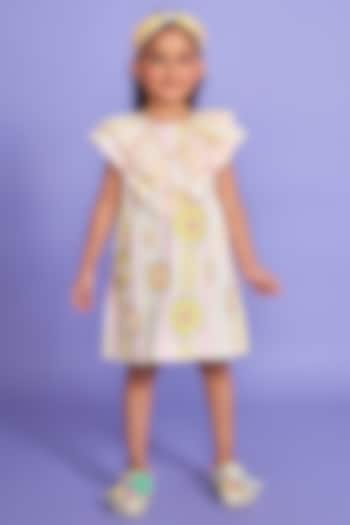 White Premium Cotton Satin Printed Ruffled A-line Dress For Girls by Joey and Pooh Kids