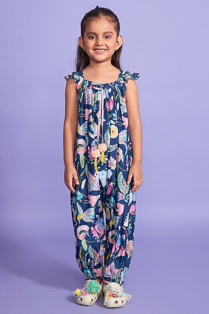 Blue Rayon Crepe Printed Frilled Jumpsuit For Girls by Joey and Pooh Kids