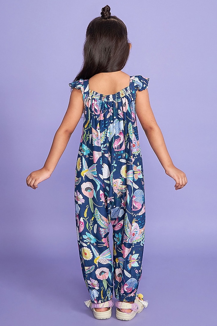 Blue Rayon Crepe Printed Frilled Jumpsuit For Girls by Joey and Pooh Kids at Pernia's Pop Up Shop