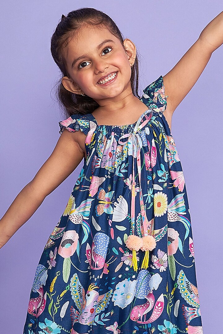 Blue Rayon Crepe Printed Frilled Jumpsuit For Girls by Joey and Pooh Kids at Pernia's Pop Up Shop