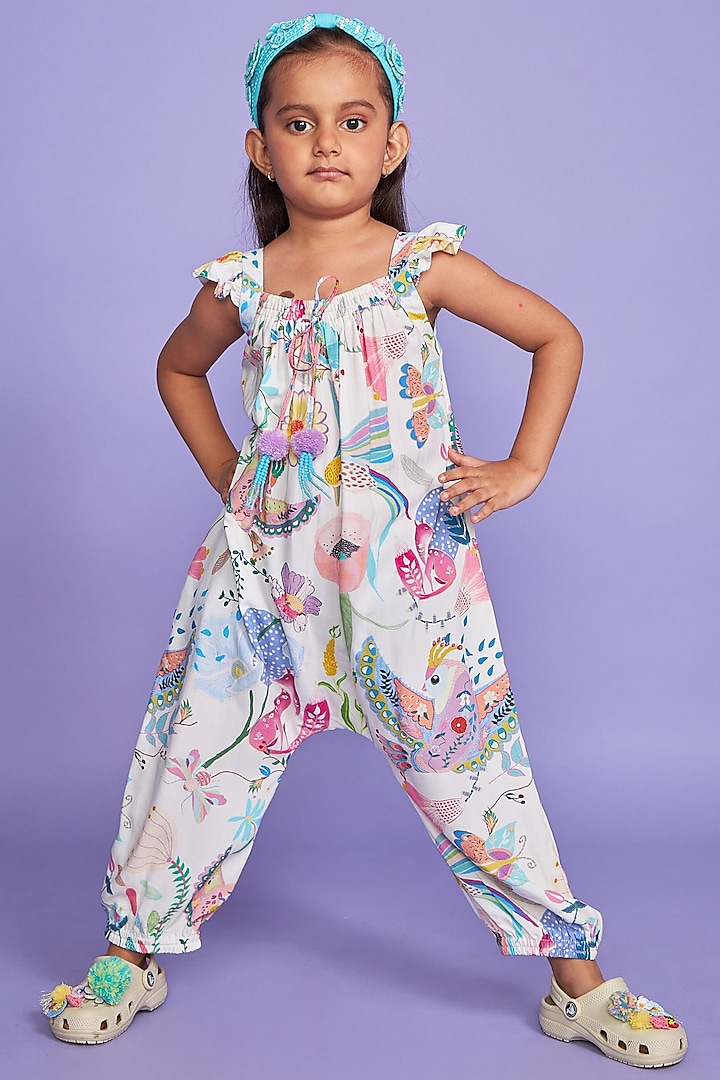 White Rayon Crepe Printed Frilled Jumpsuit For Girls by Joey and Pooh Kids