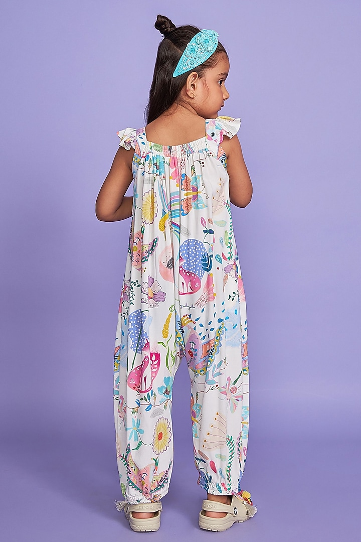 White Rayon Crepe Printed Frilled Jumpsuit For Girls by Joey and Pooh Kids at Pernia's Pop Up Shop