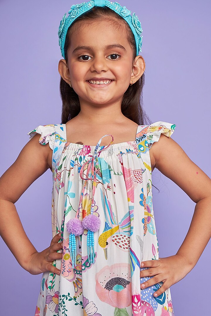 White Rayon Crepe Printed Frilled Jumpsuit For Girls by Joey and Pooh Kids at Pernia's Pop Up Shop