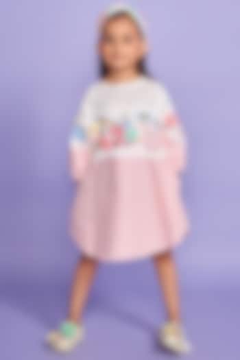 White & Pink Textured Cotton Hand Embroidered Dress For Girls by Joey and Pooh Kids