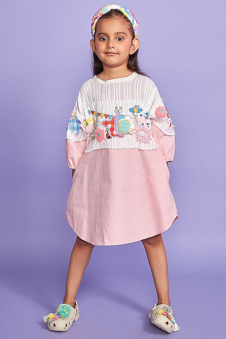 White & Pink Textured Cotton Hand Embroidered Dress For Girls by Joey and Pooh Kids