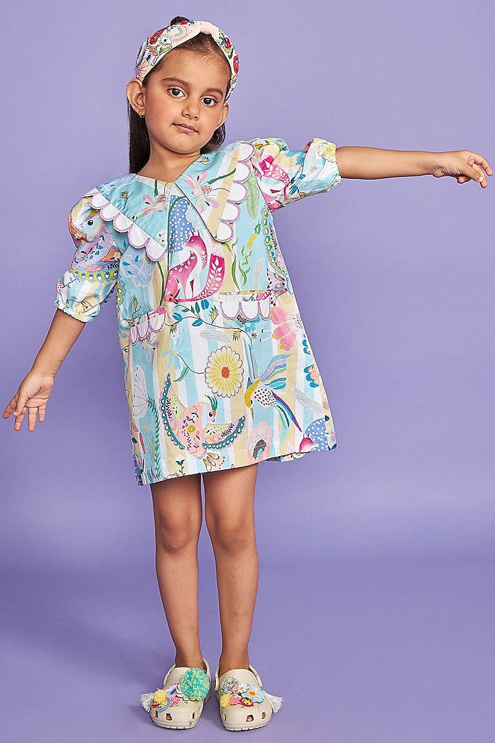 Blue Premium Cotton Satin Floral Printed Dress For Girls by Joey and Pooh Kids