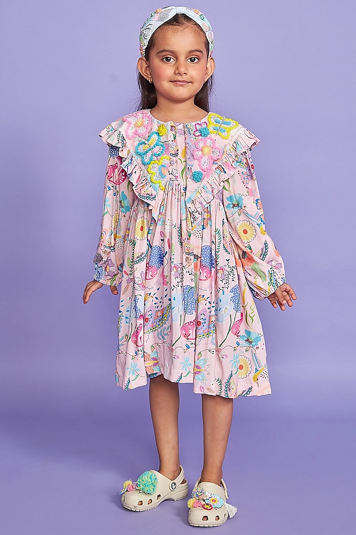 Powder Pink Rayon Crepe Printed Knee-Length Dress For Girls by Joey and Pooh Kids