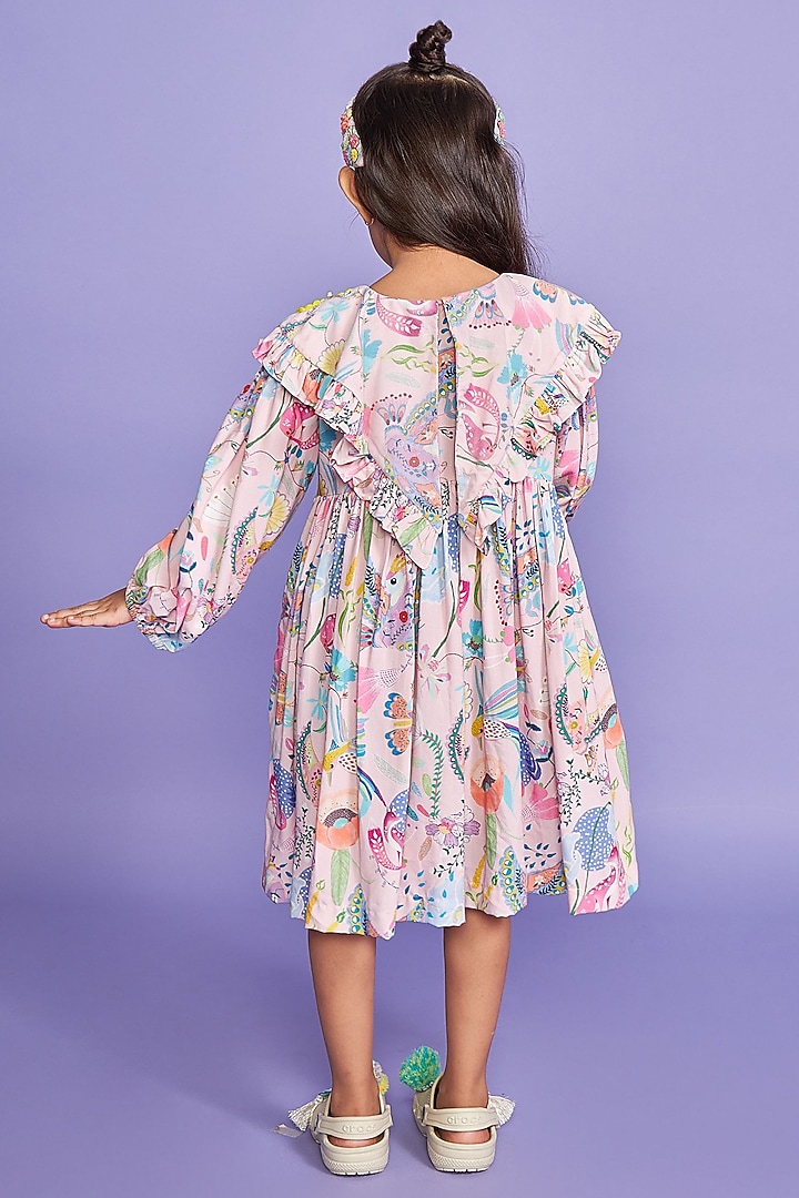 Powder Pink Rayon Crepe Printed Knee-Length Dress For Girls Design 