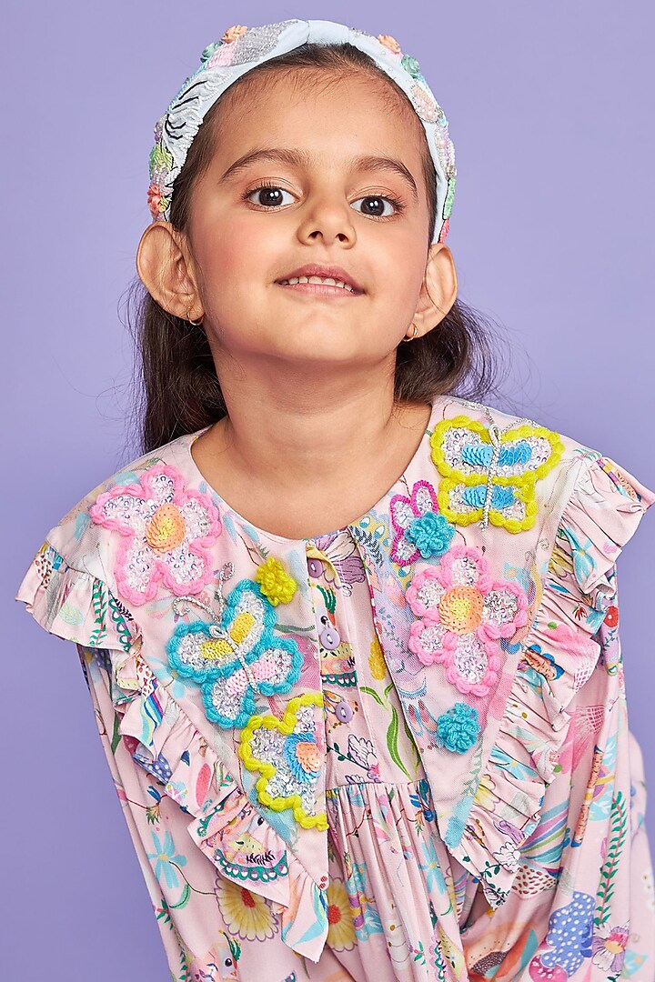 Powder Pink Rayon Crepe Printed Knee-Length Dress For Girls Design 