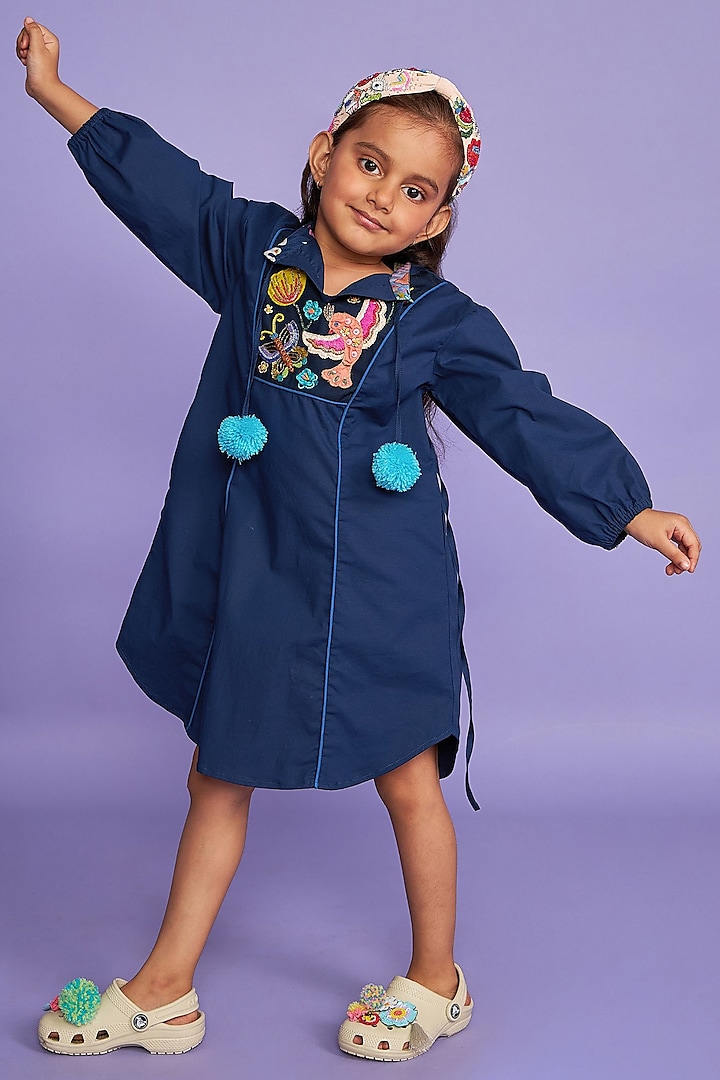 Blue Premium Cotton Printed & Hand Embroidered Dress For Girls by Joey and Pooh Kids