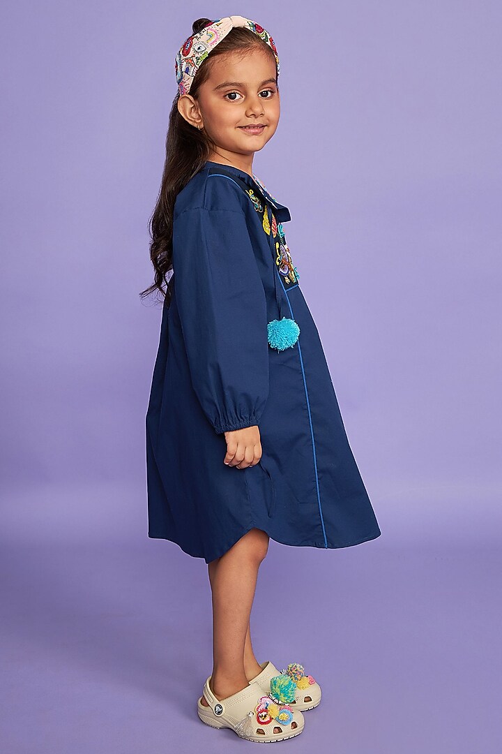 Blue Premium Cotton Printed & Hand Embroidered Dress For Girls by Joey and Pooh Kids at Pernia's Pop Up Shop