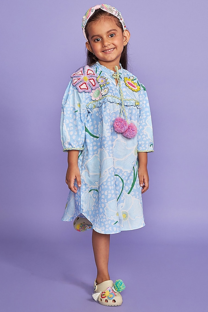 Blue Premium Cotton Satin Printed & Hand Embroidered Dress For Girls by Joey and Pooh Kids