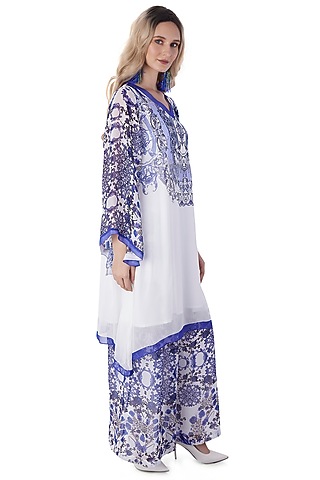 White Georgette Porcelain Printed Co-Ord Set by Jyo Das