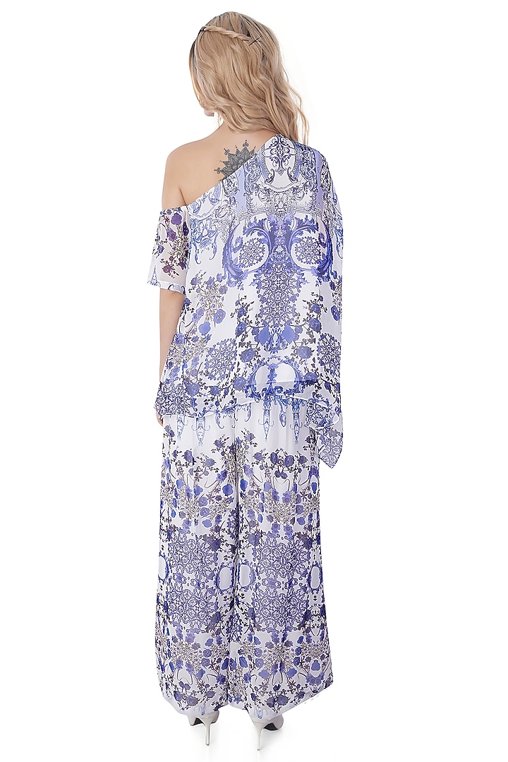 White Georgette Printed One-Shoulder Tunic by Jyo Das at Pernia's Pop Up Shop