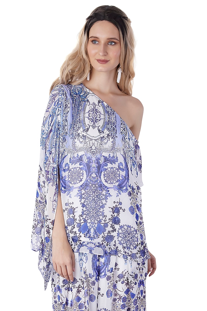 White Georgette Printed One-Shoulder Tunic by Jyo Das at Pernia's Pop Up Shop