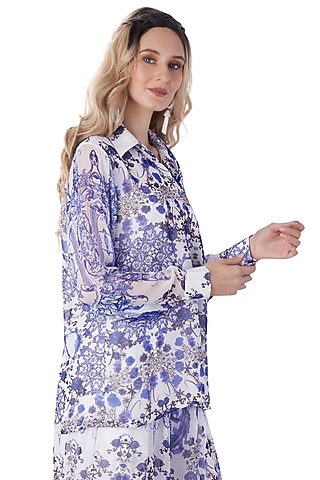White Georgette Printed Shirt by Jyo Das