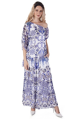 White Georgette Porcelain Printed Co-Ord Set by Jyo Das