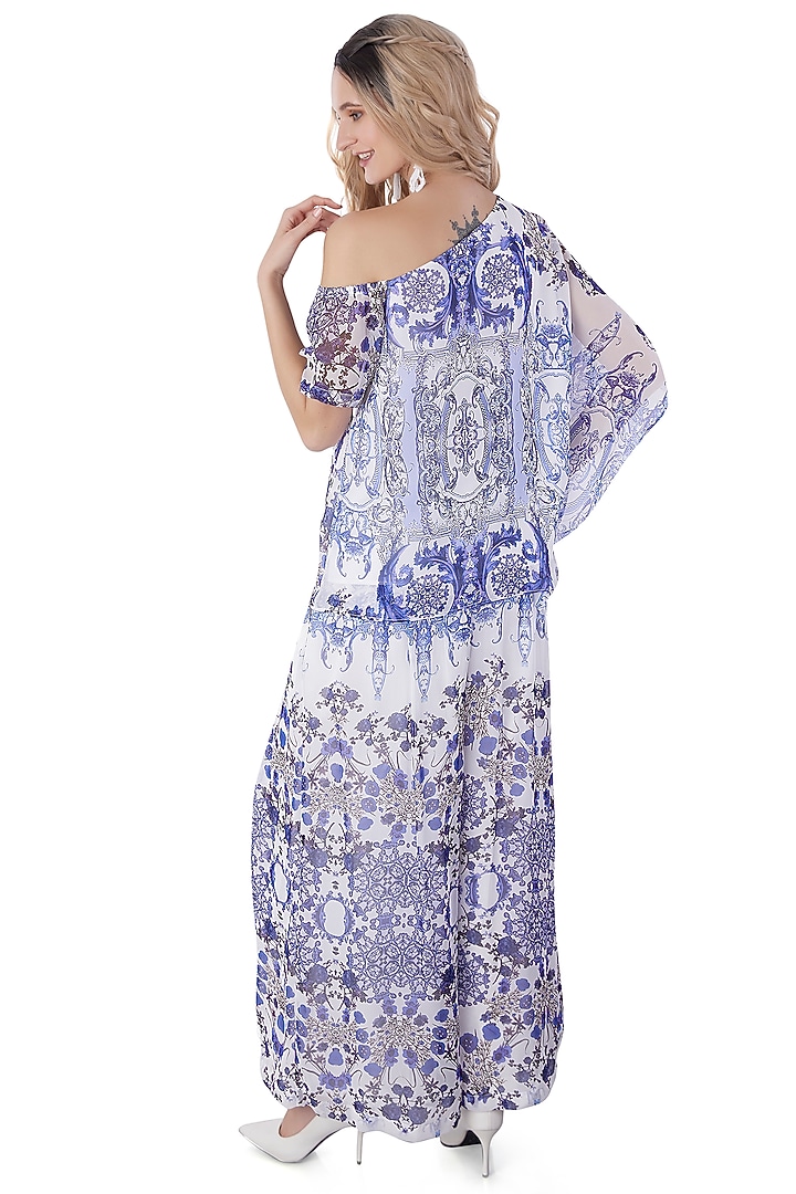 White Georgette Porcelain Printed Co-Ord Set by Jyo Das at Pernia's Pop Up Shop